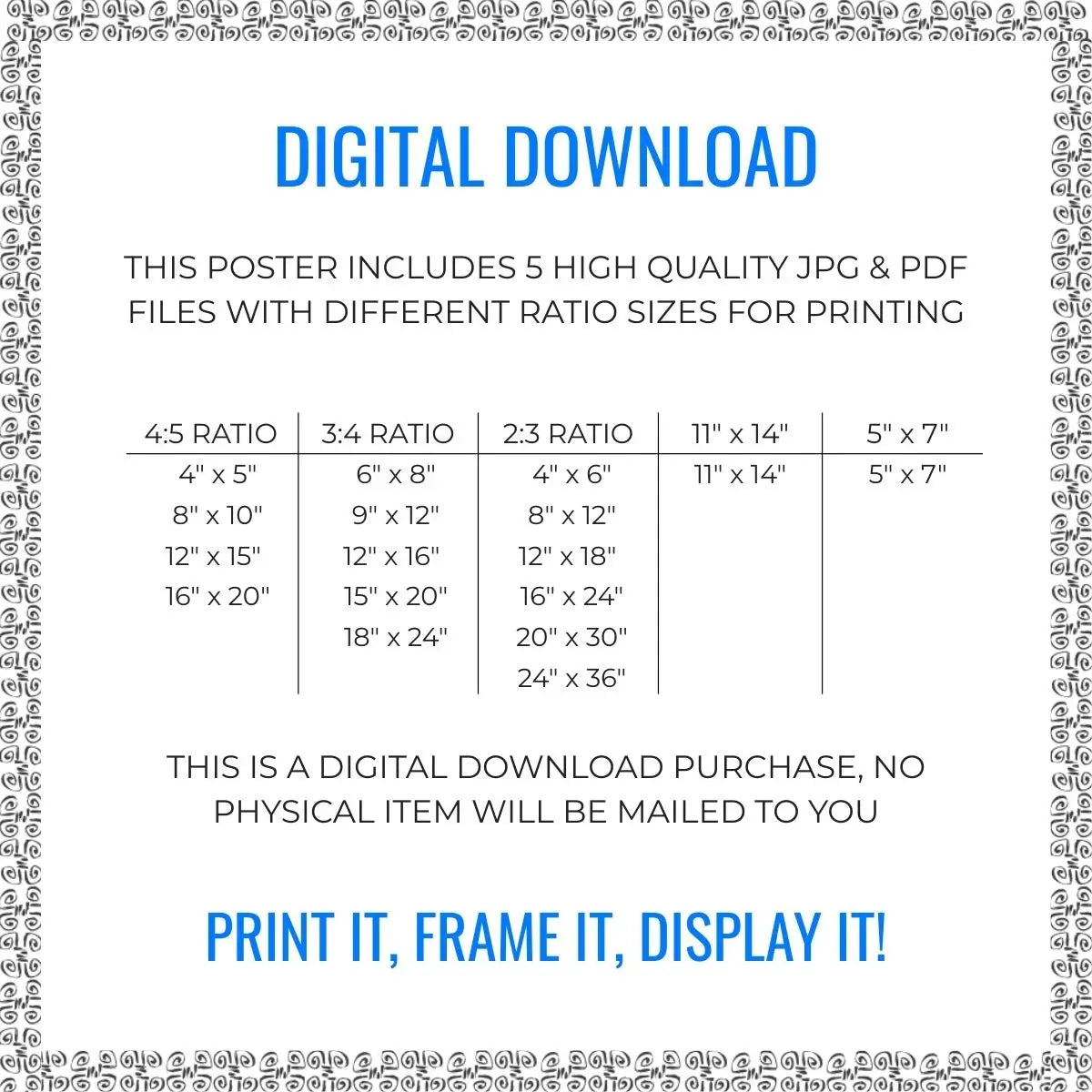 Printable wall art poster size guide chart 4:5 3:4 2:3 ratios 5x7 11x14 24x36 inches digital download dimensions