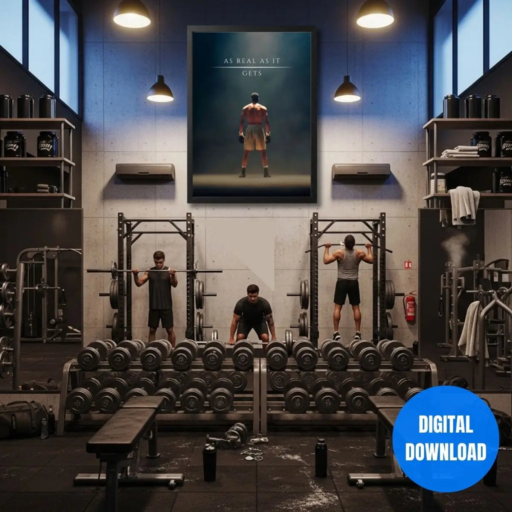 As Real As It Gets combat sports wall art digital download, intense boxer silhouette motivational quote for strength and discipline