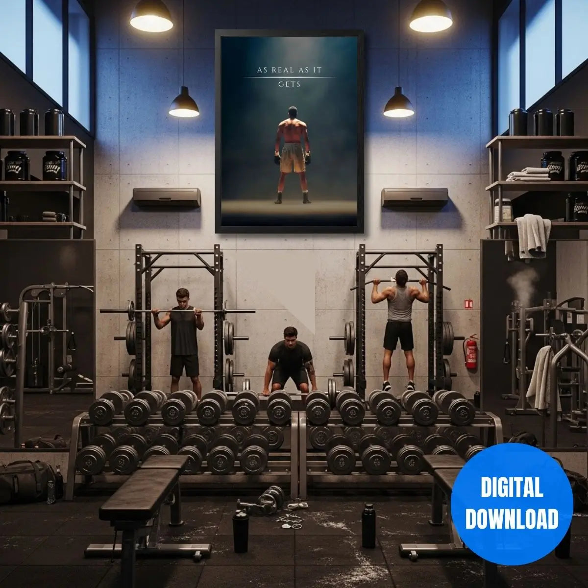 As Real As It Gets combat sports wall art digital download, intense boxer silhouette motivational quote for strength and discipline