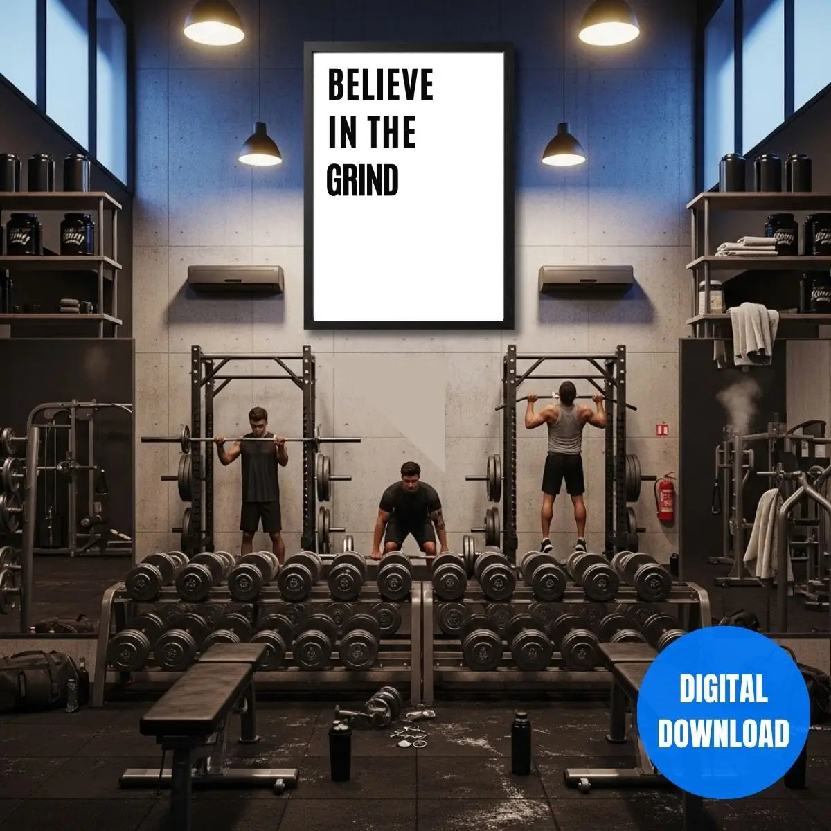 Believe In The Work hustle mindset printable wall art, bold typography poster for men focused on discipline and hard work