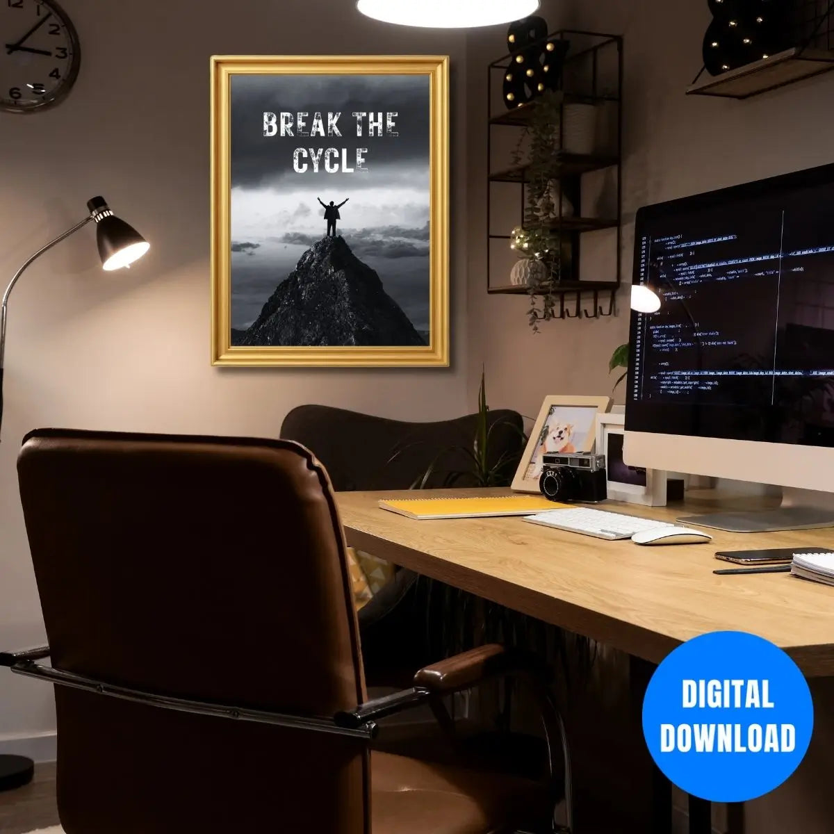 Break The Cycle motivational typography poster with powerful mountain achievement scene discipline mindset decor