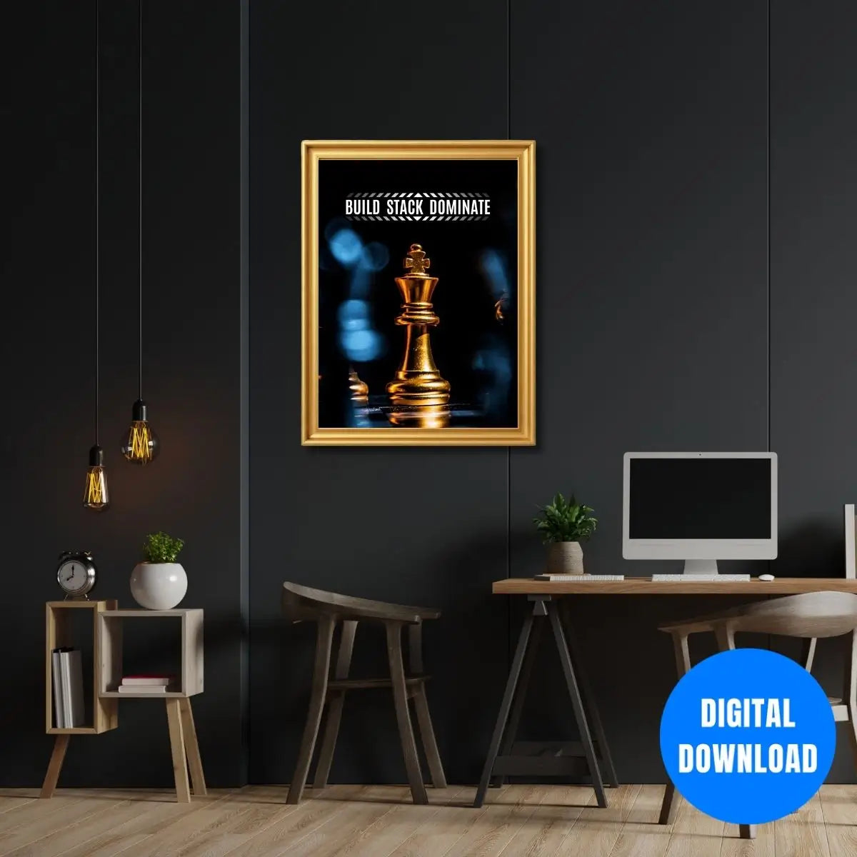 Golden chess king motivational poster build stack dominate strategy mindset wall art for entrepreneurs and leaders