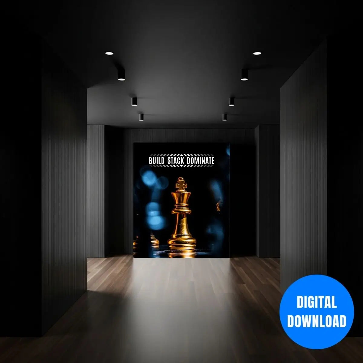 Build Stack Dominate success quote poster featuring powerful chess king symbolizing leadership discipline and victory mindset
