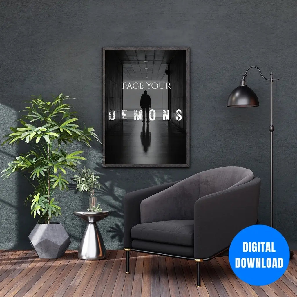 Confront Your Demons motivational wall art with shadowy hooded silhouette in moody black and white corridor scene
