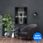 Confront Your Demons motivational wall art with shadowy hooded silhouette in moody black and white corridor scene