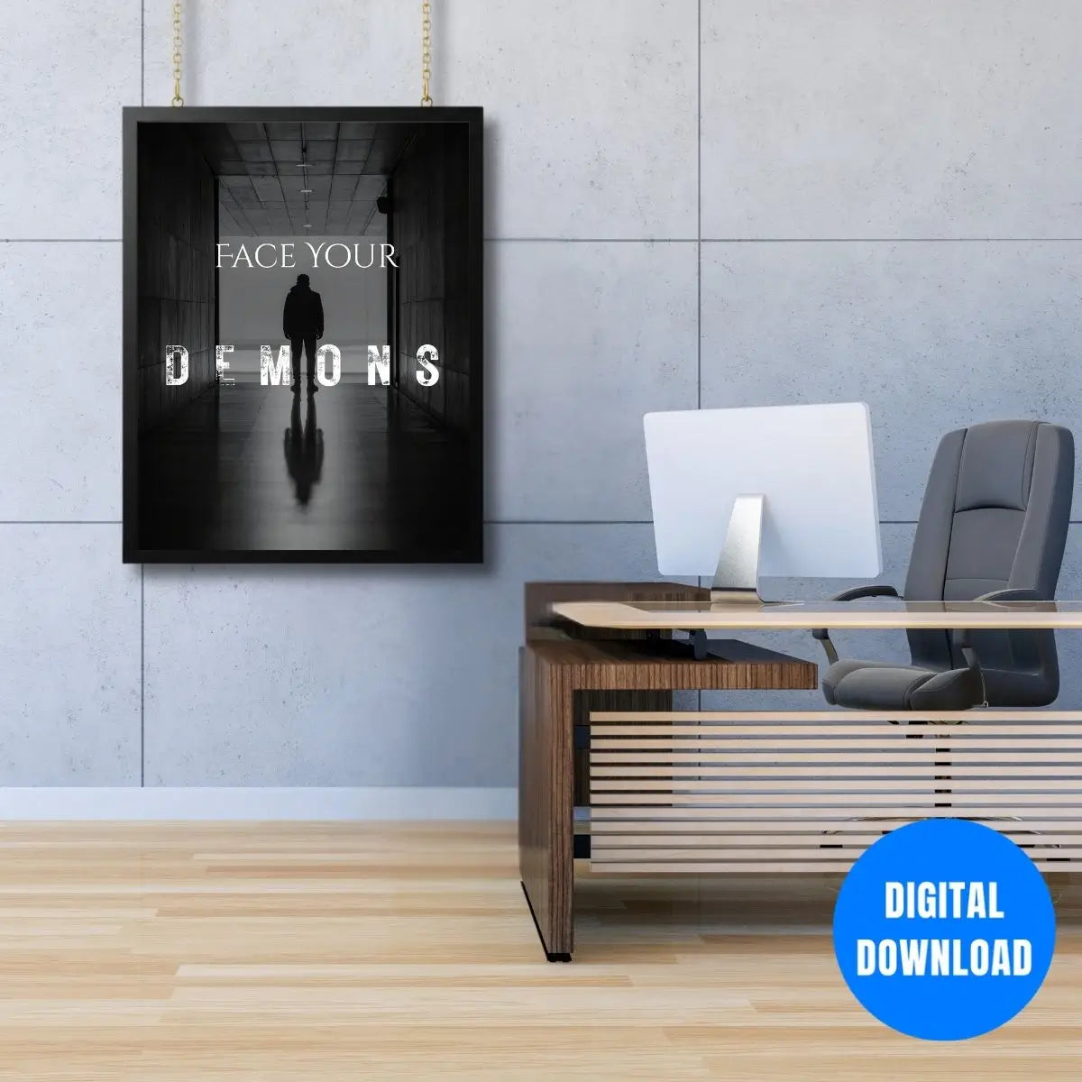 Face Your Demons discipline mindset poster with dark shadow silhouette courage motivation wall art