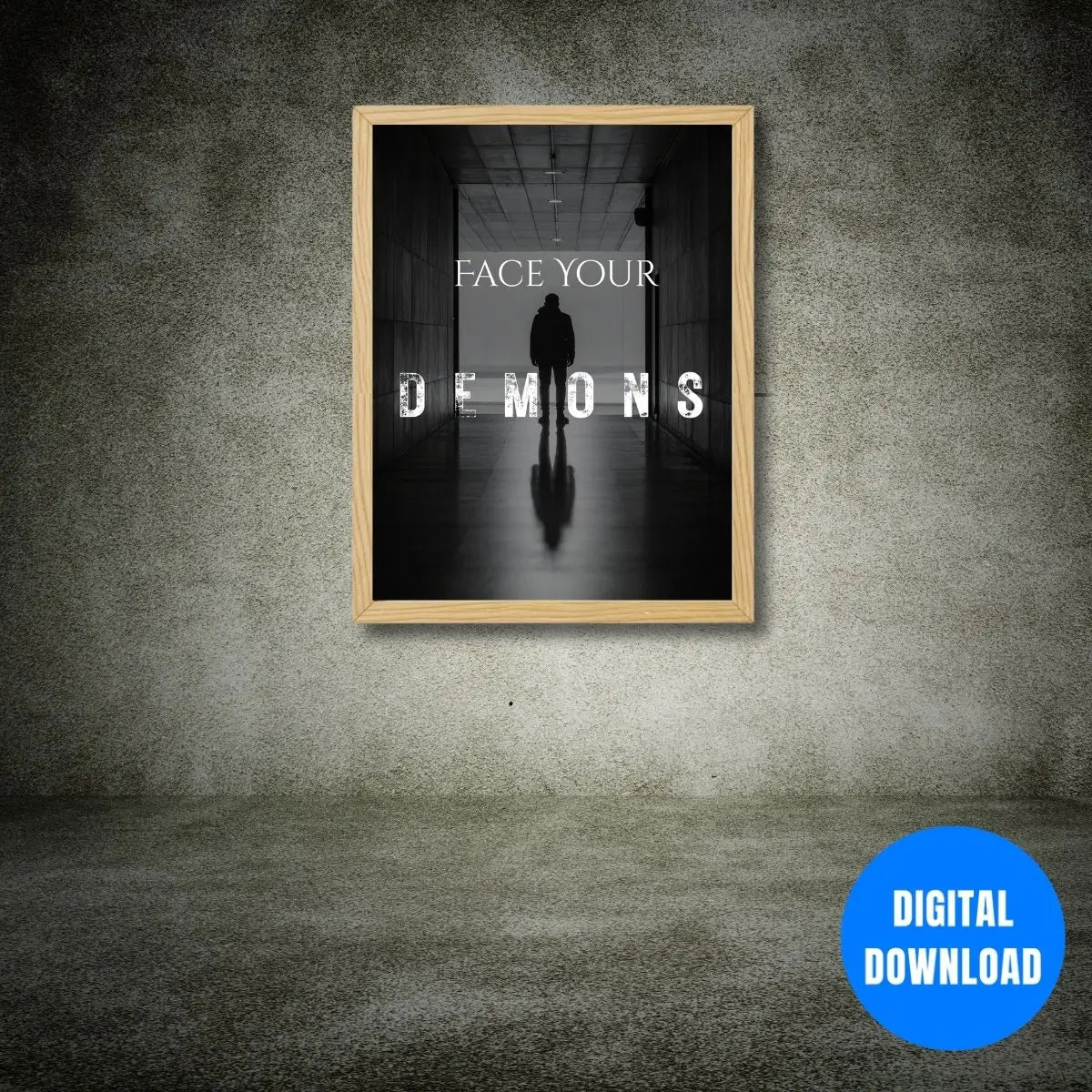 Overcome your demons motivational quote poster with hooded silhouette in cinematic black and white hallway