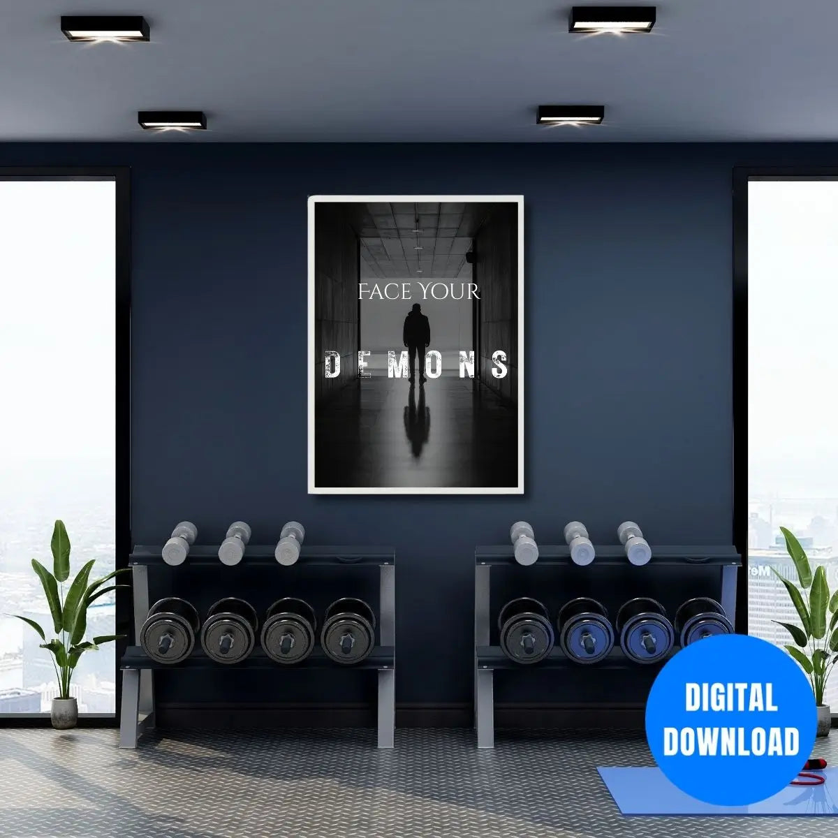 Face Your Demons motivational poster with hooded silhouette in dark corridor courage mindset wall art printable