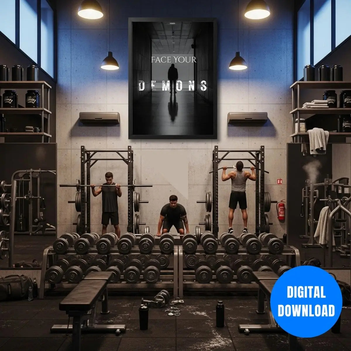 Fearless mindset motivational poster face your demons quote with dramatic corridor silhouette wall art printable