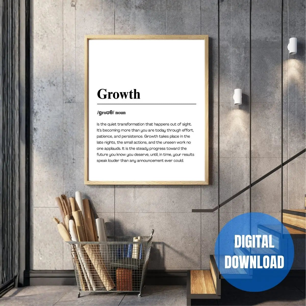 Growth definition motivational wall art printable for men, black and white success mindset quote poster digital download for masculine office decor