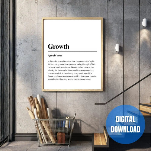 Growth definition motivational wall art printable for men, black and white success mindset quote poster digital download for masculine office decor