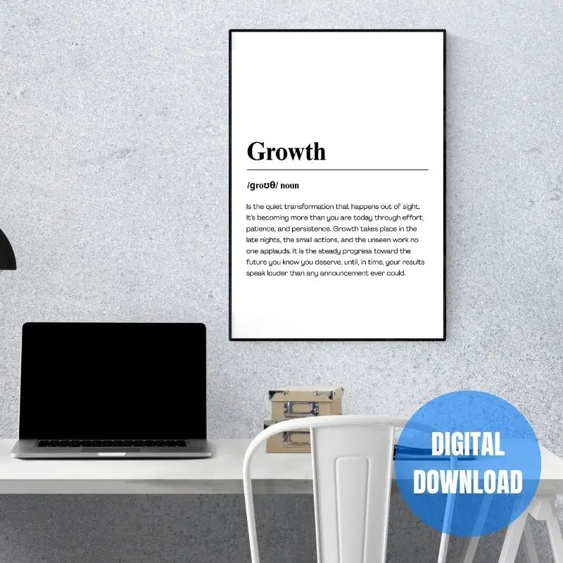 Growth success quote poster printable, modern black and white masculine office wall decor for entrepreneurs focused on discipline and persistence