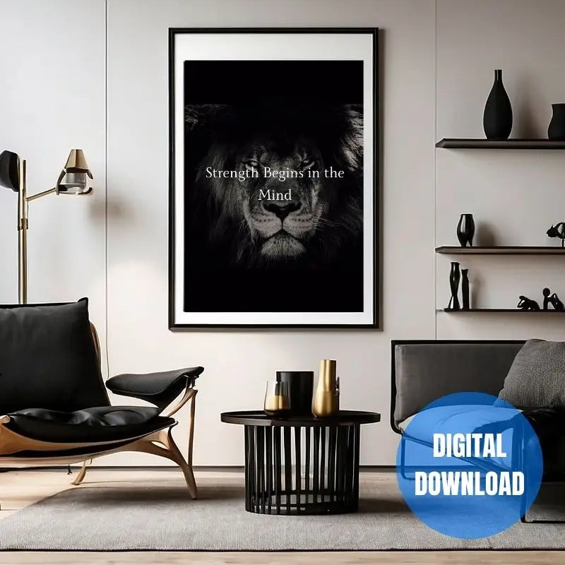 Strength Begins In The Mind typography lion artwork 8x10 frame motivational poster for entrepreneurs office