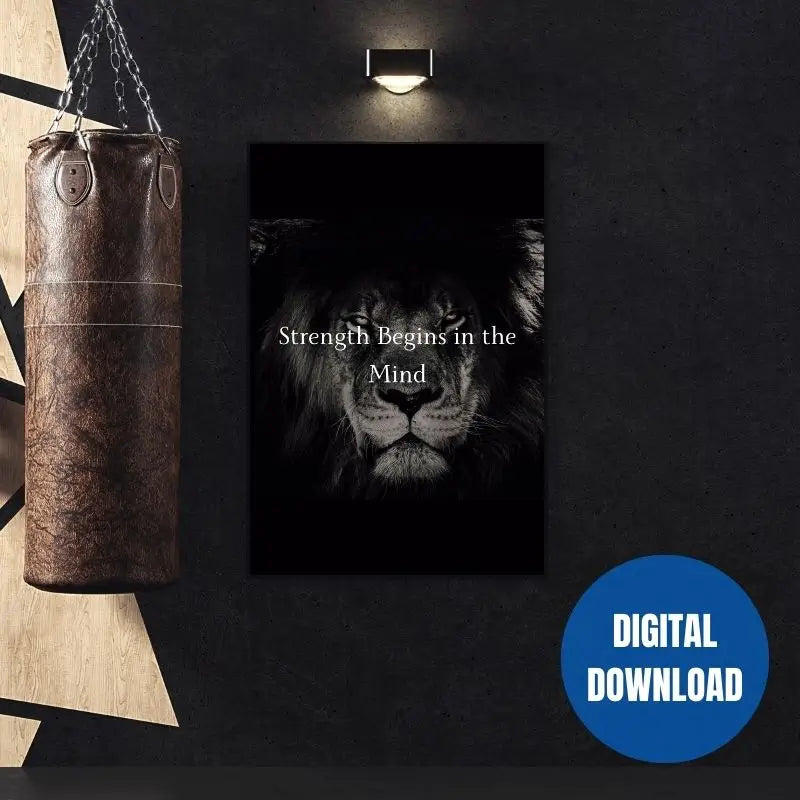 Bold lion portrait with mindset quote poster 16x20 inches home gym motivation digital download wall decor