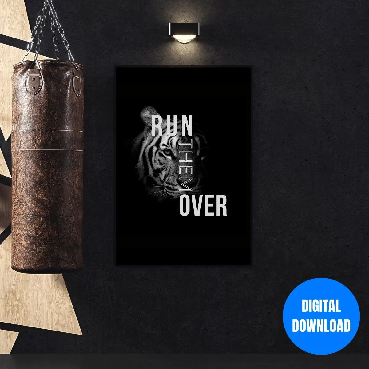 Run Them Over Tiger Motivational Poster | Black White Gym Wall Art 16x20 Printable