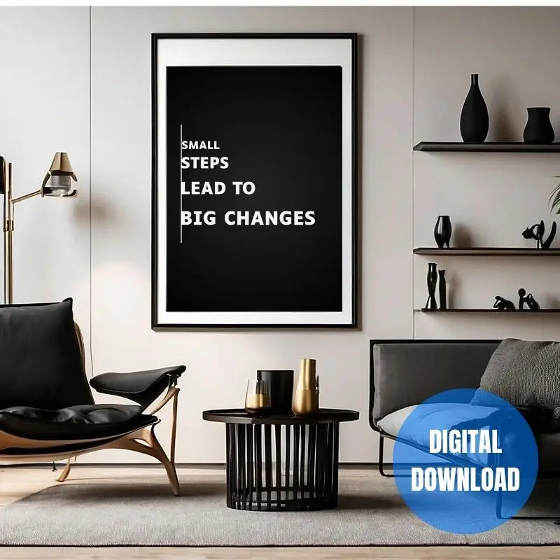 Small Steps Lead To Big Changes success quote poster printable, discipline and consistency motivational wall decor for entrepreneurs and ambitious young men