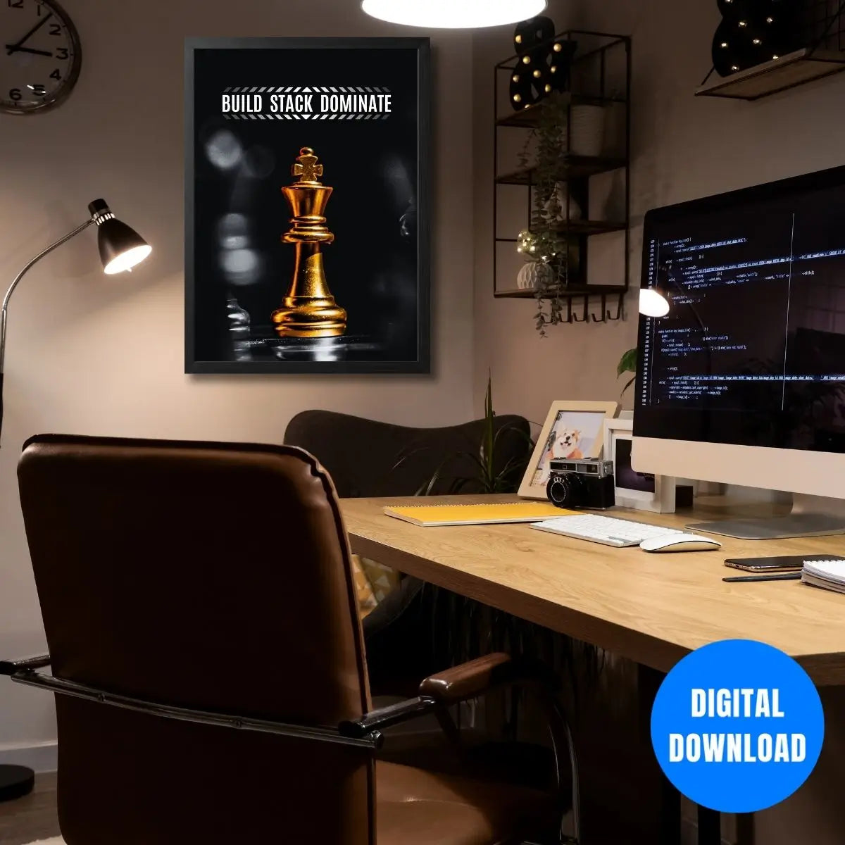 Stack wins dominate goals motivational chess poster with glowing golden king productivity mindset wall decor