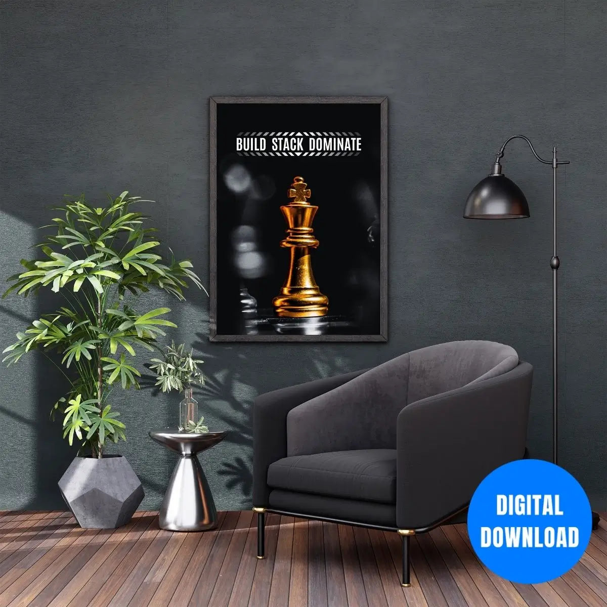 Strategic mindset motivational poster build stack dominate with dramatic chess king piece success wall art