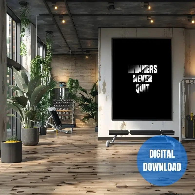 Winners Never Quit motivational wall art printable for men, masculine success quote poster digital download for office and bedroom decor