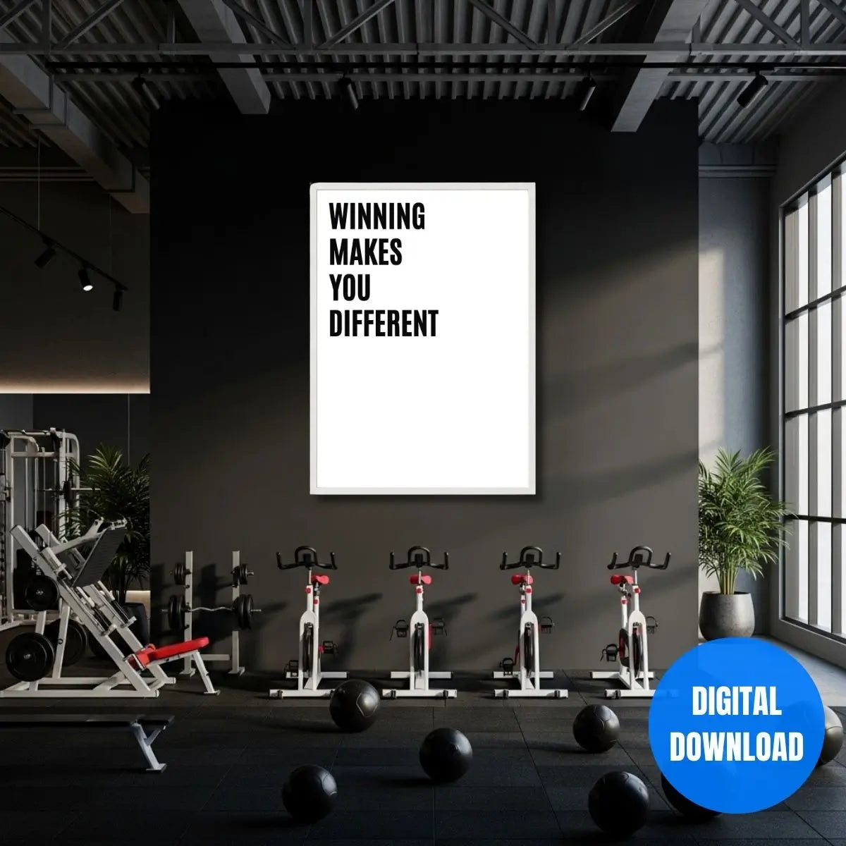 Victory Makes You Different gym motivation wall art with dramatic white text on black background, fitness mindset printable poster