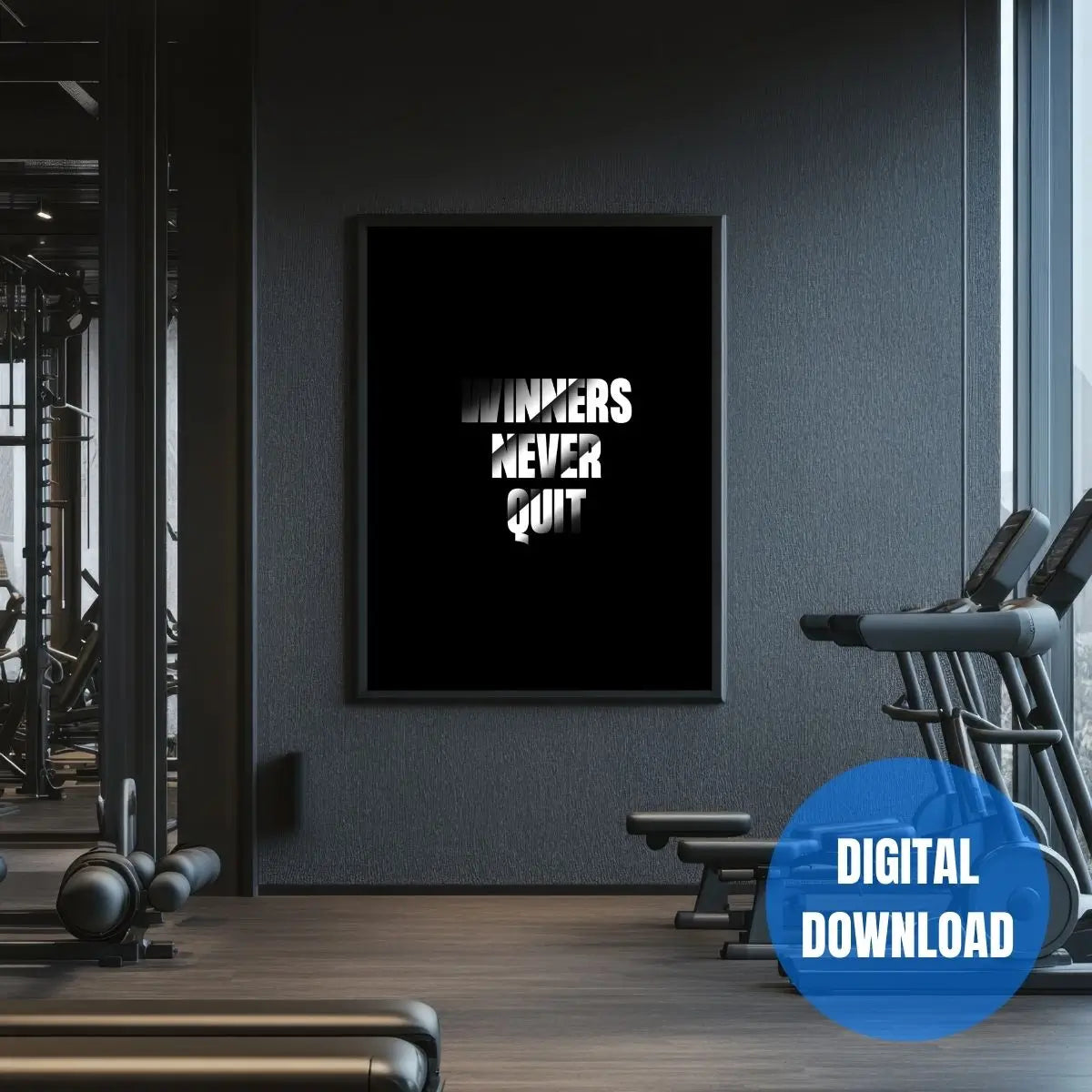 Winners Never Quit motivational typography poster printable, self improvement and wealth mindset wall art for masculine room and gym decor