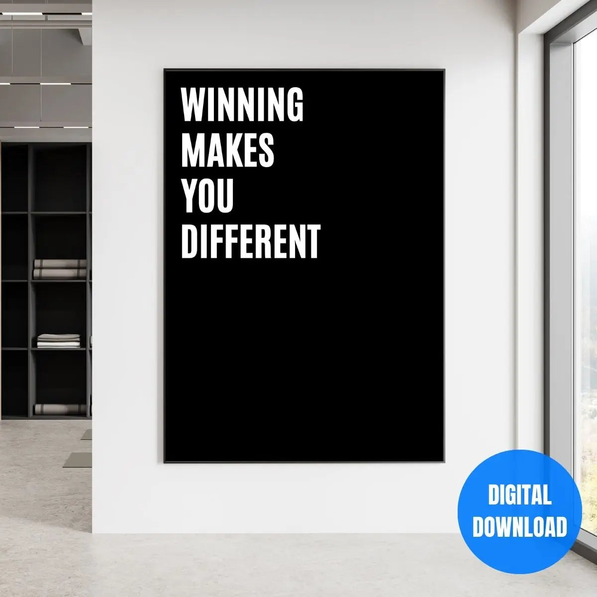 Winning Makes You Different motivational poster in bold stacked uppercase typography on black background, powerful mens gym wall art printable for elite mindset and discipline
