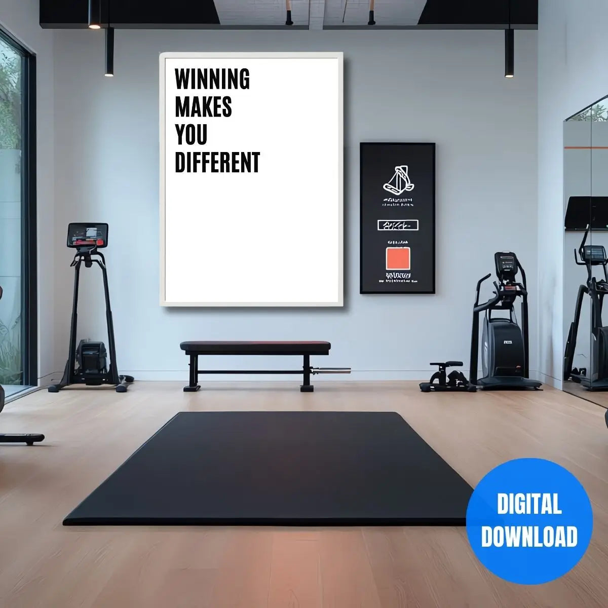 Winning Makes You Different printable poster displayed in modern home gym, strong typography wall decor for discipline and success mindset